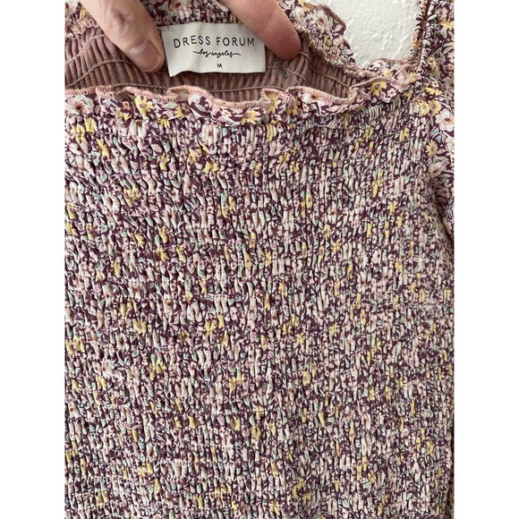 Dress Forum Boho Pink Floral Mini Dress Shirred Ruched Ruffle Bodycon Womens M - Picture 2 of 5